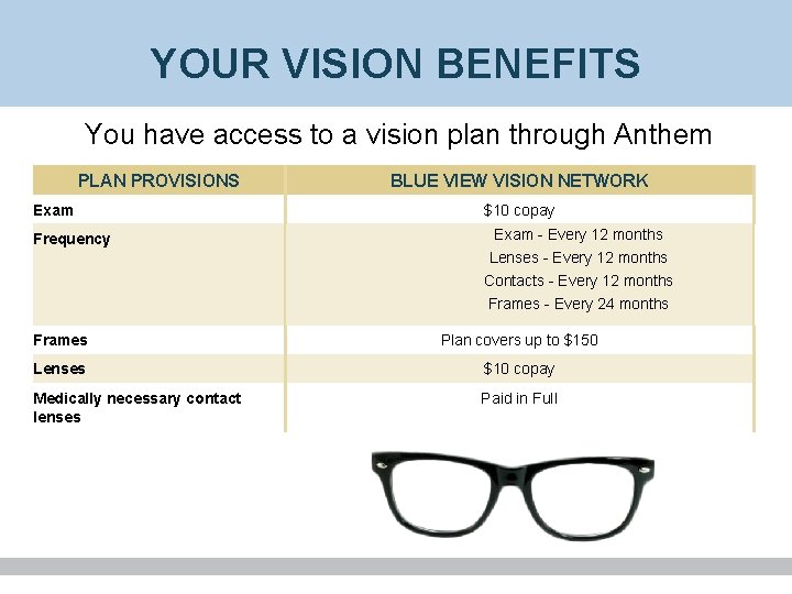 YOUR VISION BENEFITS You have access to a vision plan through Anthem PLAN PROVISIONS