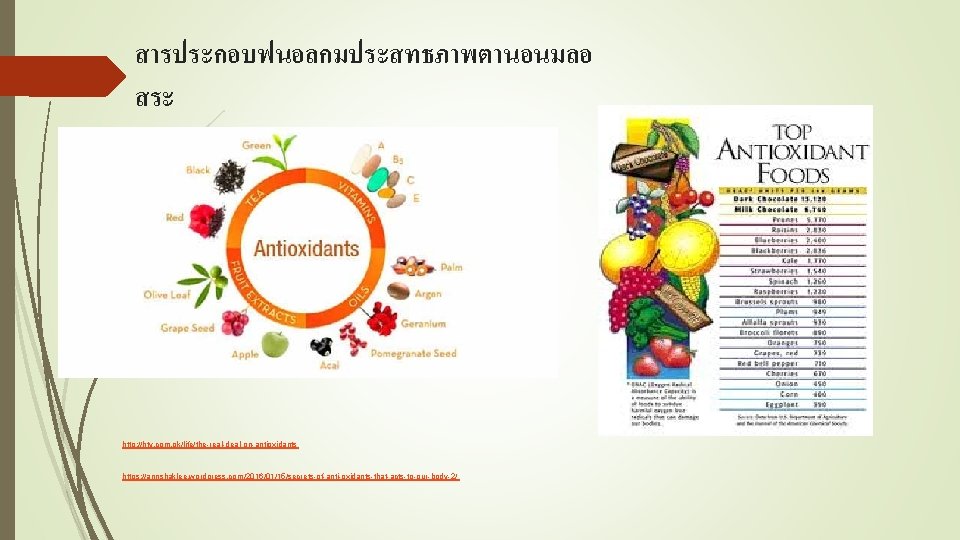 สารประกอบฟนอลกมประสทธภาพตานอนมลอ สระ http: //htv. com. pk/life/the-real-deal-on-antioxidants https: //annshaklee. wordpress. com/2016/01/15/secrets-of-anti-oxidants-that-acts-to-our-body-2/ 