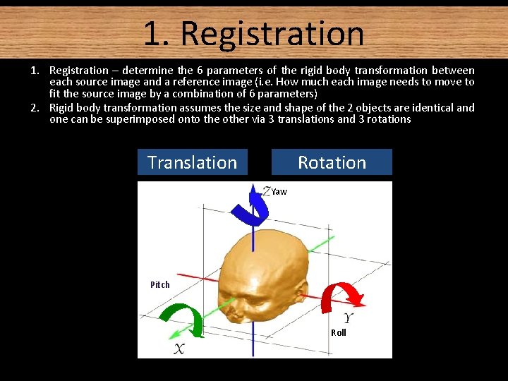 1. Registration – determine the 6 parameters of the rigid body transformation between each 1. Registration – determine the 6 parameters of the rigid body transformation between each