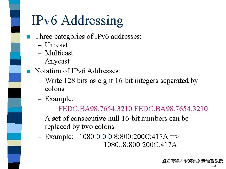 IPv 6 Addressing n n Three categories of IPv 6 addresses: – Unicast –