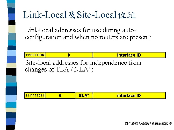 Link-Local及Site-Local位址 Link-local addresses for use during autoconfiguration and when no routers are present: 0