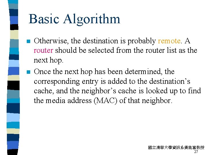 Basic Algorithm n n Otherwise, the destination is probably remote. A router should be