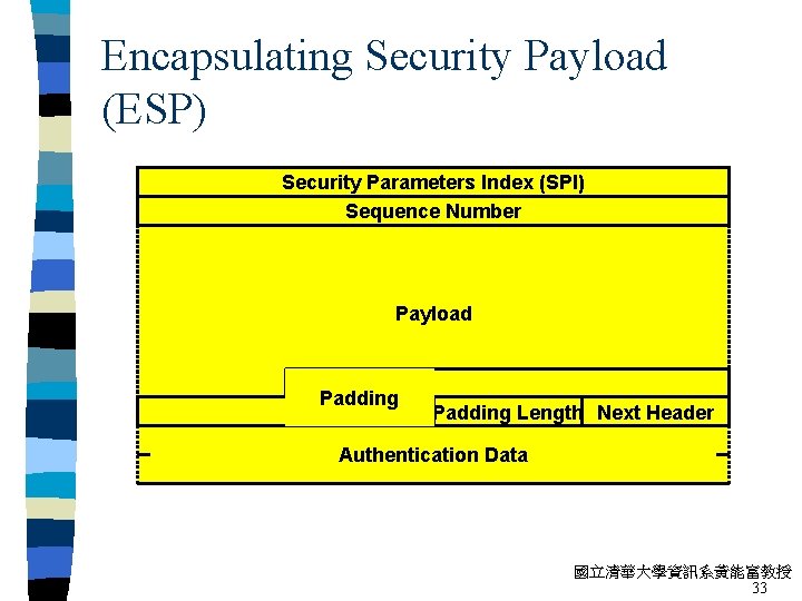 Encapsulating Security Payload (ESP) Security Parameters Index (SPI) Sequence Number Payload Padding Length Next
