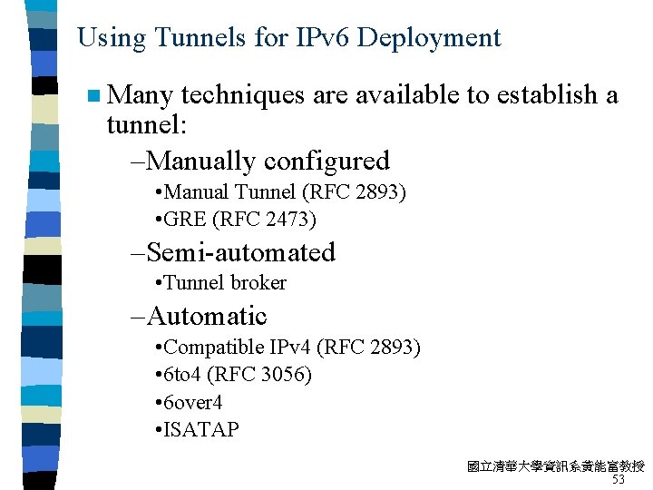 Using Tunnels for IPv 6 Deployment n Many techniques are available to establish a