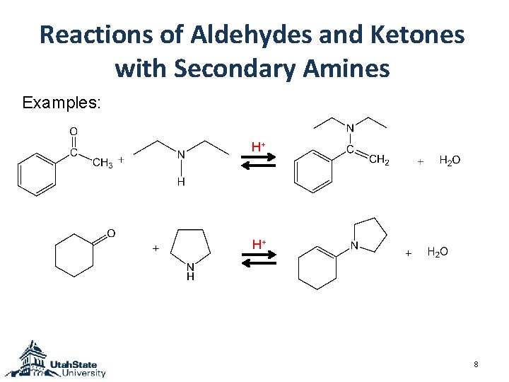 Reactions of Aldehydes and Ketones with Secondary Amines Examples: H+ H+ 8 Reactions of Aldehydes and Ketones with Secondary Amines Examples: H+ H+ 8