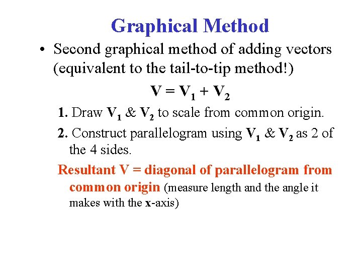 Graphical Method • Second graphical method of adding vectors (equivalent to the tail-to-tip method!)