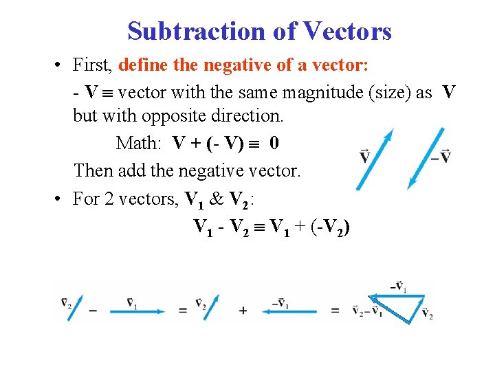 Subtraction of Vectors • First, define the negative of a vector: - V vector