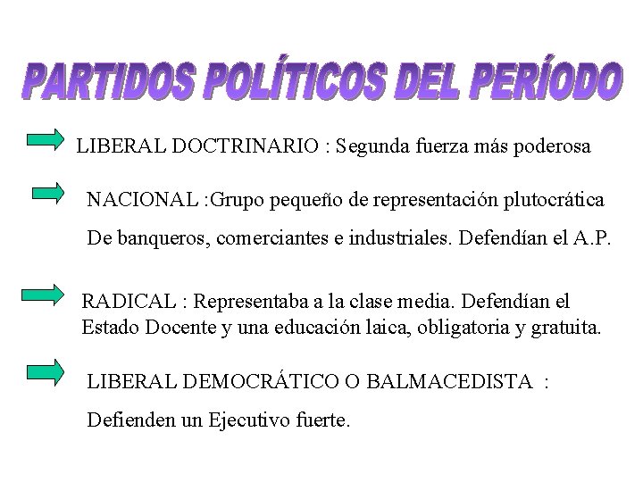 LIBERAL DOCTRINARIO : Segunda fuerza más poderosa NACIONAL : Grupo pequeño de representación plutocrática