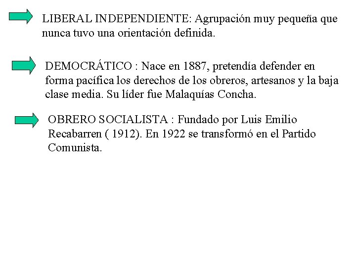 LIBERAL INDEPENDIENTE: Agrupación muy pequeña que nunca tuvo una orientación definida. DEMOCRÁTICO : Nace