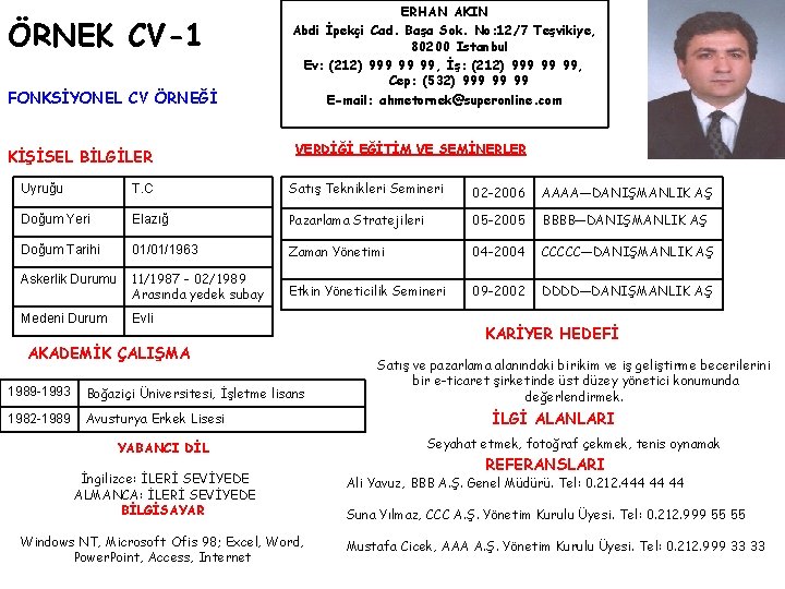 ÖRNEK CV-1 FONKSİYONEL CV ÖRNEĞİ KİŞİSEL BİLGİLER ERHAN AKIN Abdi İpekçi Cad. Başa Sok.