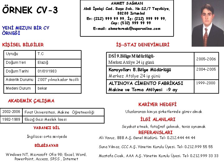 ÖRNEK CV-3 YENİ MEZUN BİR CV ÖRNEĞİ AHMET SAĞMAN Abdi İpekçi Cad. Başa Sok.