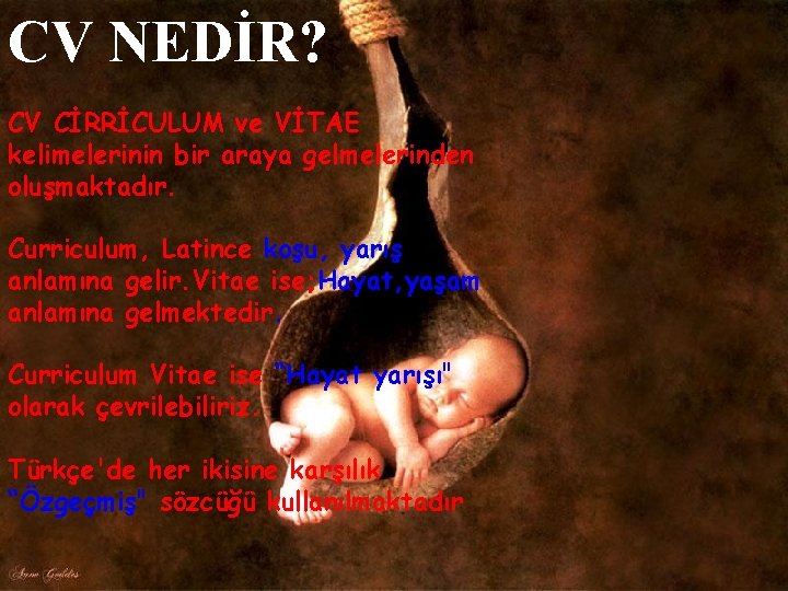 CV NEDİR? CV CİRRİCULUM ve VİTAE kelimelerinin bir araya gelmelerinden oluşmaktadır. Curriculum, Latince koşu,