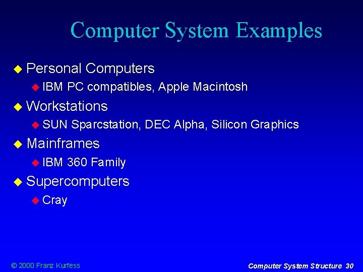 Computer System Examples Personal IBM Computers PC compatibles, Apple Macintosh Workstations SUN Sparcstation, DEC