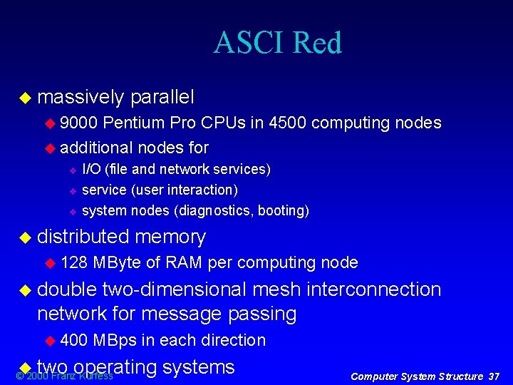 ASCI Red massively parallel 9000 Pentium Pro CPUs in 4500 computing nodes additional nodes