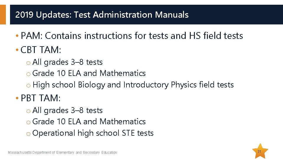 2019 Updates: Test Administration Manuals • PAM: Contains instructions for tests and HS field