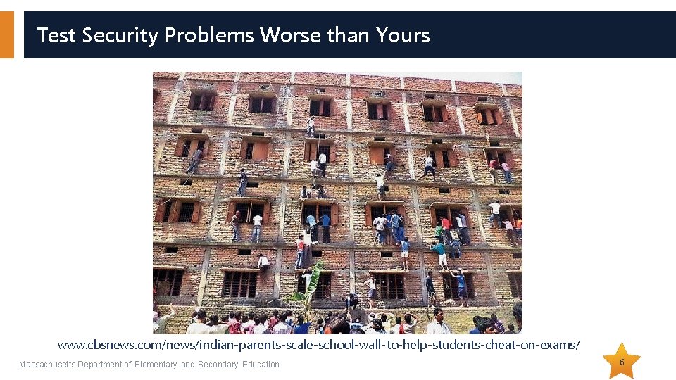 Test Security Problems Worse than Yours www. cbsnews. com/news/indian-parents-scale-school-wall-to-help-students-cheat-on-exams/ Massachusetts Department of Elementary and