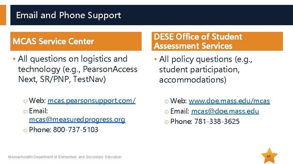 Email and Phone Support MCAS Service Center DESE Office of Student Assessment Services •