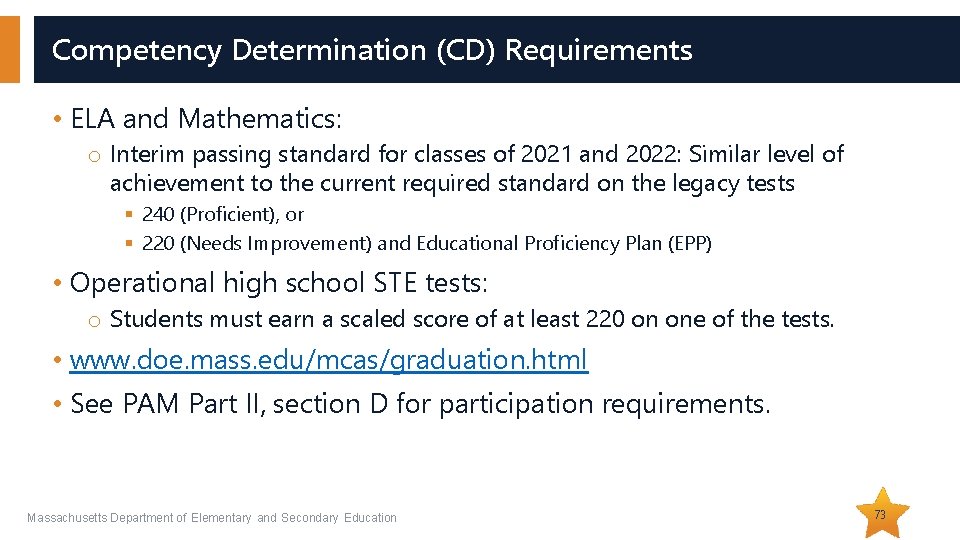 Competency Determination (CD) Requirements • ELA and Mathematics: o Interim passing standard for classes