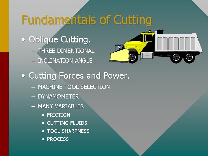 Fundamentals of Cutting • Oblique Cutting. – THREE DIMENTIONAL – INCLINATION ANGLE • Cutting