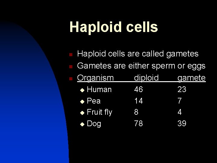 Haploid cells n n n Haploid cells are called gametes Gametes are either sperm