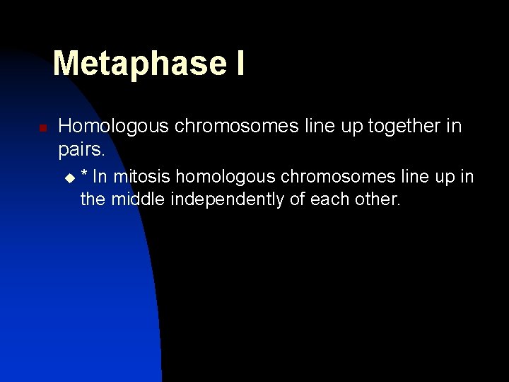 Metaphase I n Homologous chromosomes line up together in pairs. u * In mitosis