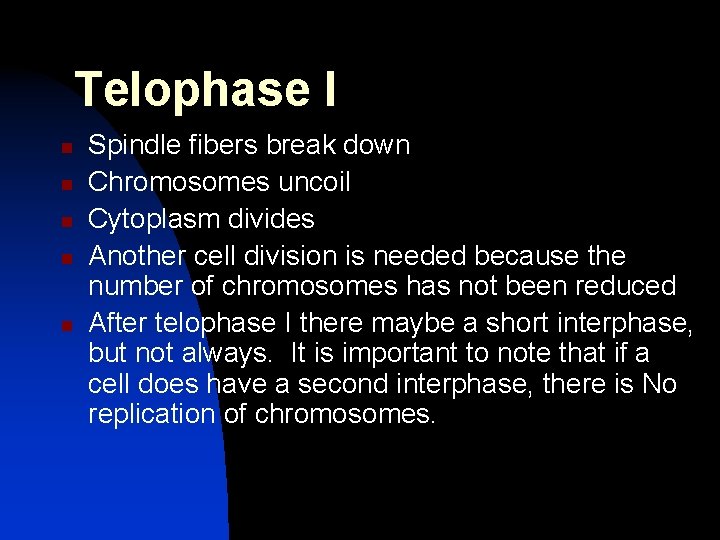 Telophase I n n n Spindle fibers break down Chromosomes uncoil Cytoplasm divides Another