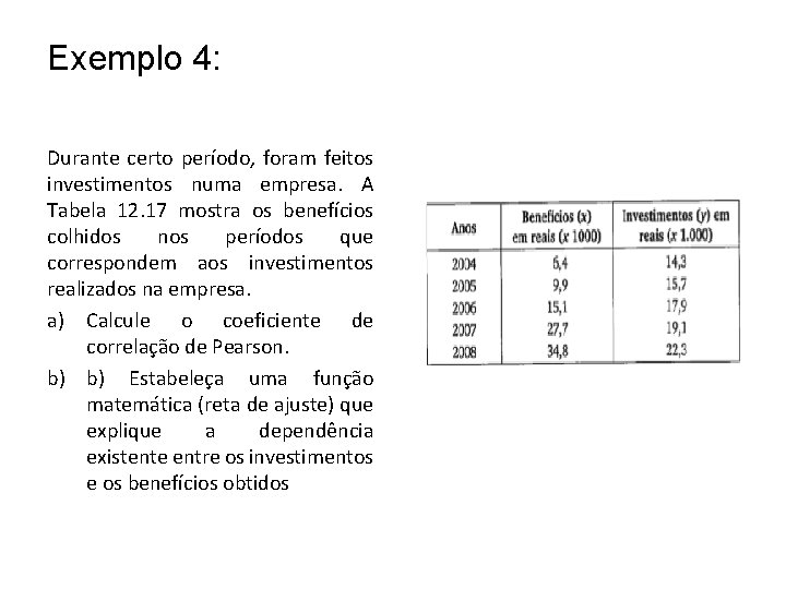 Exemplo 4: Durante certo período, foram feitos investimentos numa empresa. A Tabela 12. 17