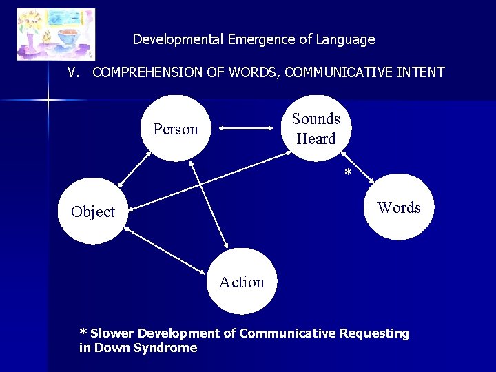 Developmental Emergence of Language V. COMPREHENSION OF WORDS, COMMUNICATIVE INTENT Sounds Heard Person *