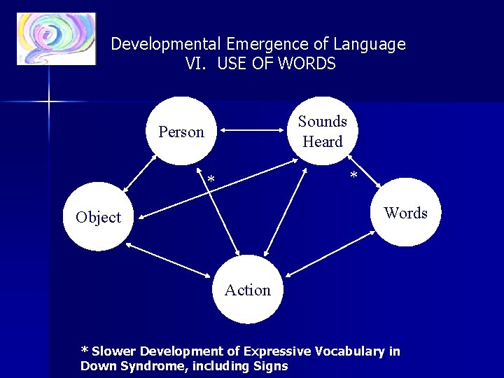 Developmental Emergence of Language VI. USE OF WORDS Sounds Heard Person * * Words