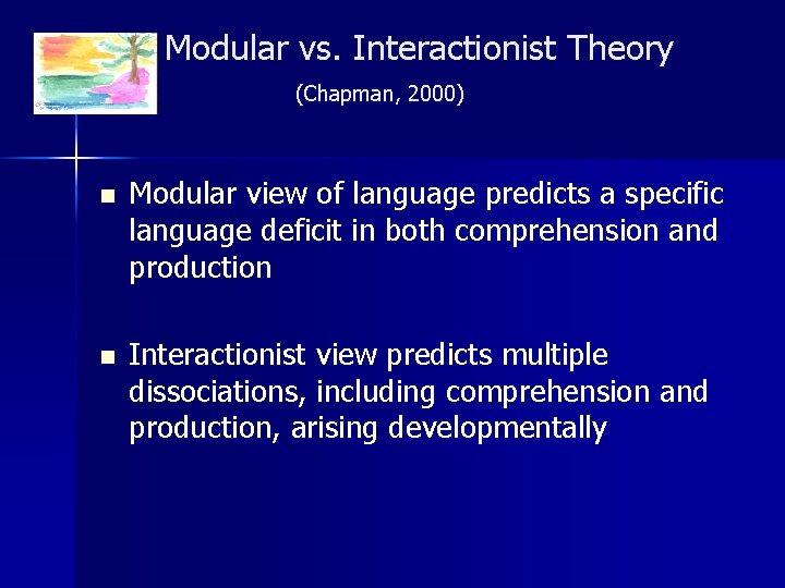 Modular vs. Interactionist Theory (Chapman, 2000) n Modular view of language predicts a specific