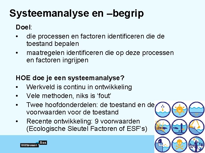 Systeemanalyse en –begrip Doel: • díe processen en factoren identificeren die de toestand bepalen