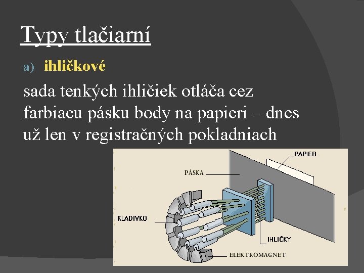 Typy tlačiarní a) ihličkové sada tenkých ihličiek otláča cez farbiacu pásku body na papieri Typy tlačiarní a) ihličkové sada tenkých ihličiek otláča cez farbiacu pásku body na papieri