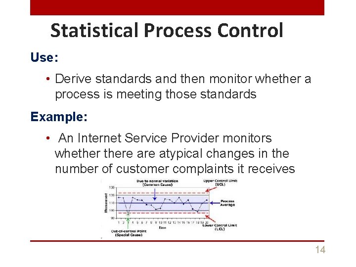 Statistical Process Control Use: • Derive standards and then monitor whether a process is