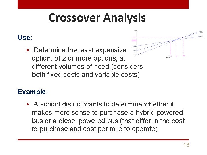 Crossover Analysis Use: • Determine the least expensive option, of 2 or more options,