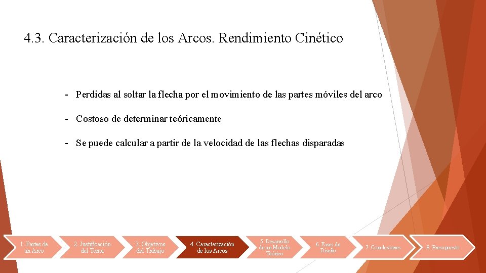 4. 3. Caracterización de los Arcos. Rendimiento Cinético - Perdidas al soltar la flecha