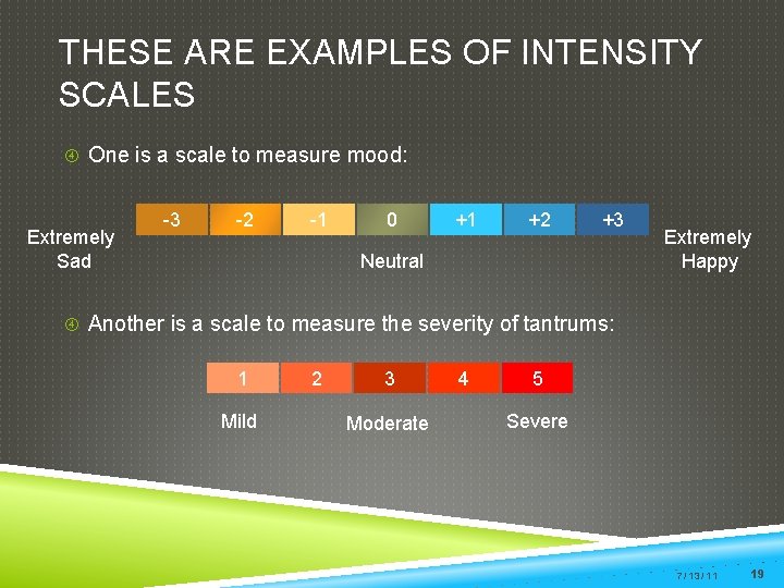 THESE ARE EXAMPLES OF INTENSITY SCALES One is a scale to measure mood: Extremely