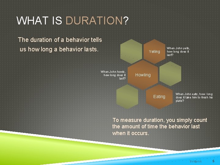 WHAT IS DURATION? DURATION The duration of a behavior tells us how long a