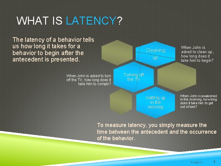 WHAT IS LATENCY? LATENCY The latency of a behavior tells us how long it