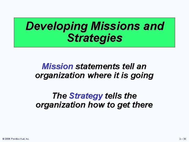 Developing Missions and Strategies Mission statements tell an organization where it is going The