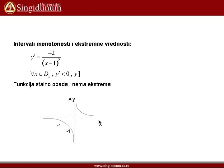 Intervali monotonosti i ekstremne vrednosti: Funkcija stalno opada i nema ekstrema 