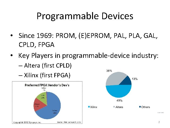 Programmable Devices • Since 1969: PROM, (E)EPROM, PAL, PLA, GAL, CPLD, FPGA • Key