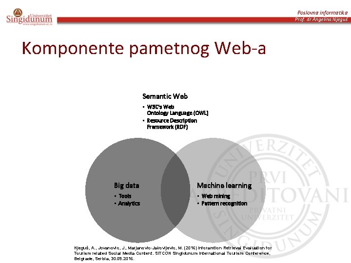Poslovna informatika Prof. dr Angelina Njeguš Komponente pametnog Web-a Semantic Web • W 3