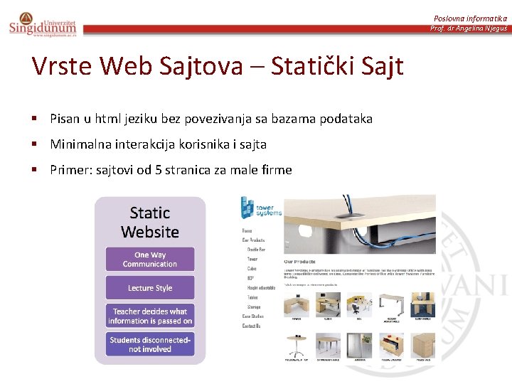 Poslovna informatika Prof. dr Angelina Njeguš Vrste Web Sajtova – Statički Sajt § Pisan