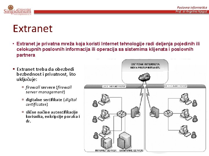 Poslovna informatika Prof. dr Angelina Njeguš Extranet • Extranet je privatna mreža koja koristi