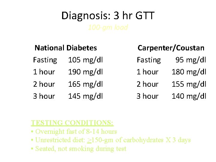 Diagnosis: 3 hr GTT 100 -gm load National Diabetes Fasting 105 mg/dl 1 hour