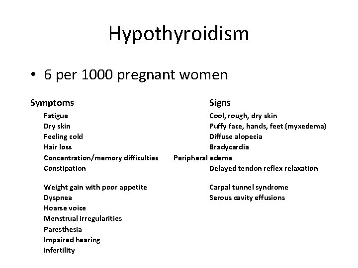 Hypothyroidism • 6 per 1000 pregnant women Symptoms Fatigue Dry skin Feeling cold Hair