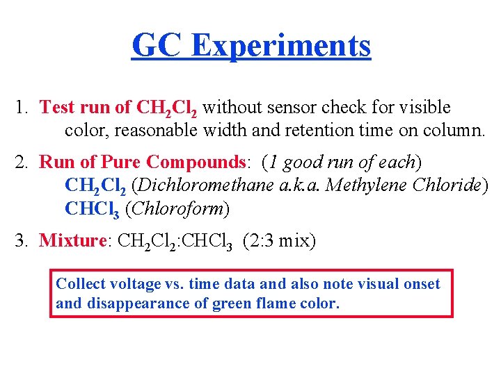 GC Experiments 1. Test run of CH 2 Cl 2 without sensor check for