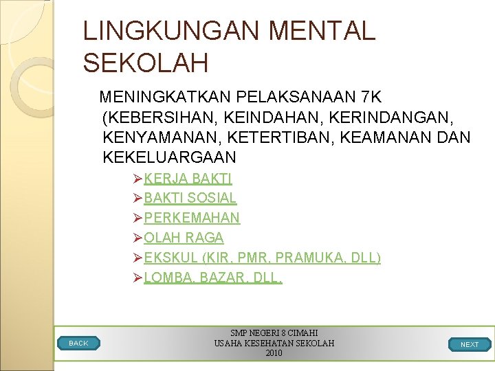LINGKUNGAN MENTAL SEKOLAH MENINGKATKAN PELAKSANAAN 7 K (KEBERSIHAN, KEINDAHAN, KERINDANGAN, KENYAMANAN, KETERTIBAN, KEAMANAN DAN