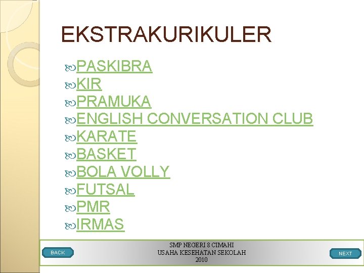 EKSTRAKURIKULER PASKIBRA KIR PRAMUKA ENGLISH CONVERSATION KARATE BASKET BOLA VOLLY FUTSAL PMR IRMAS BACK