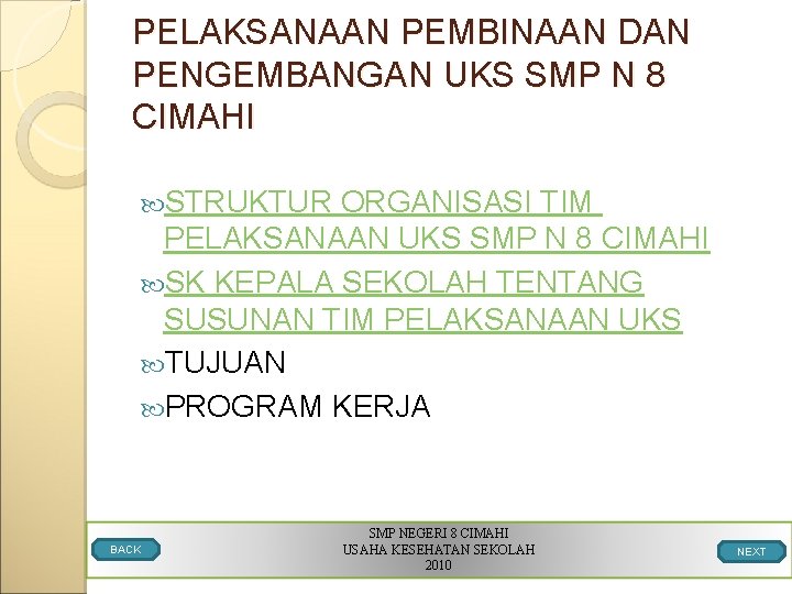 PELAKSANAAN PEMBINAAN DAN PENGEMBANGAN UKS SMP N 8 CIMAHI STRUKTUR ORGANISASI TIM PELAKSANAAN UKS